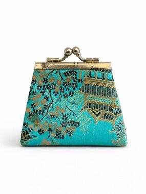 4/$20➡️ Turquoise & Gold Asian Inspired Brocade Kiss-Lock Coin Purse – OS EUC